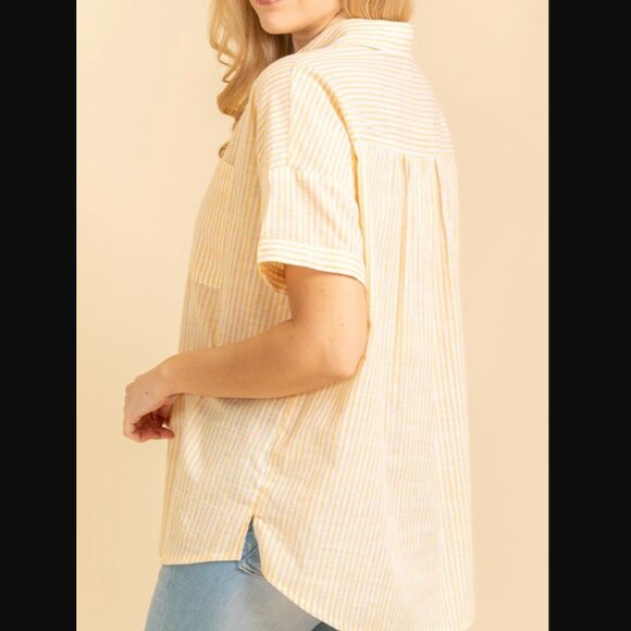 Yellow & Ivory Short Sleeve Stripes Collard Top - Picture 3 of 4